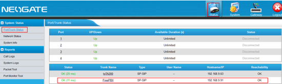 check the status of the SPS trunk to FreePBX on TA410