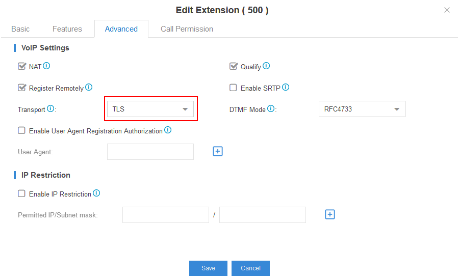 Setup a TLS extension in S-Series VoIP PBX
