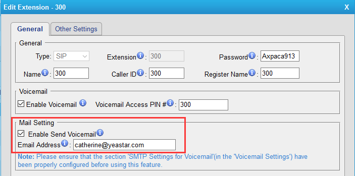 enable send voicemail in extension edit page
