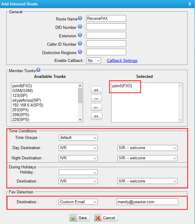 Add inbound route to receive fax via fax dectection