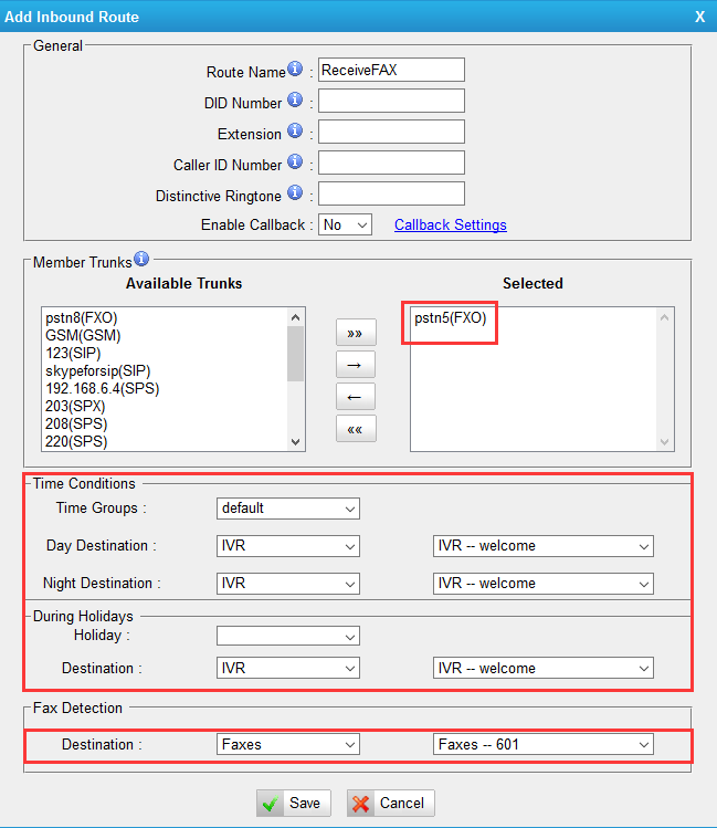Receive fax via fax detection inbound route settings