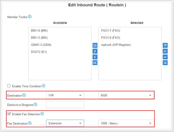 Edit Inbound Route and Enable Fax Detection
